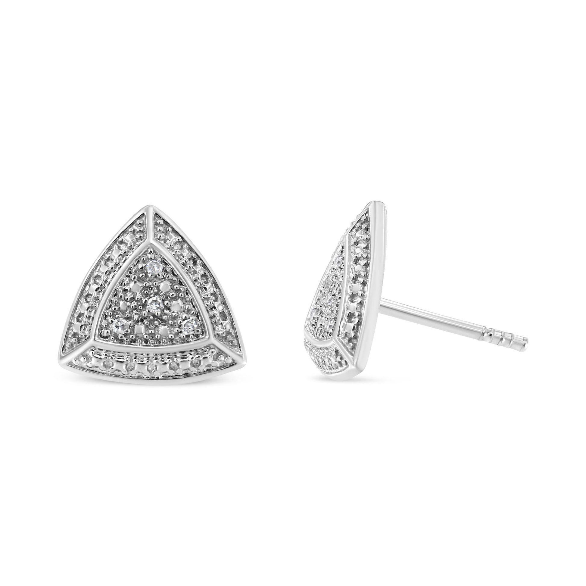 Close-up front and side view of triangular white metal stud earrings with round white gemstones in pave setting.