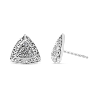 Close-up front and side view of triangular white metal stud earrings with round white gemstones in pave setting.
