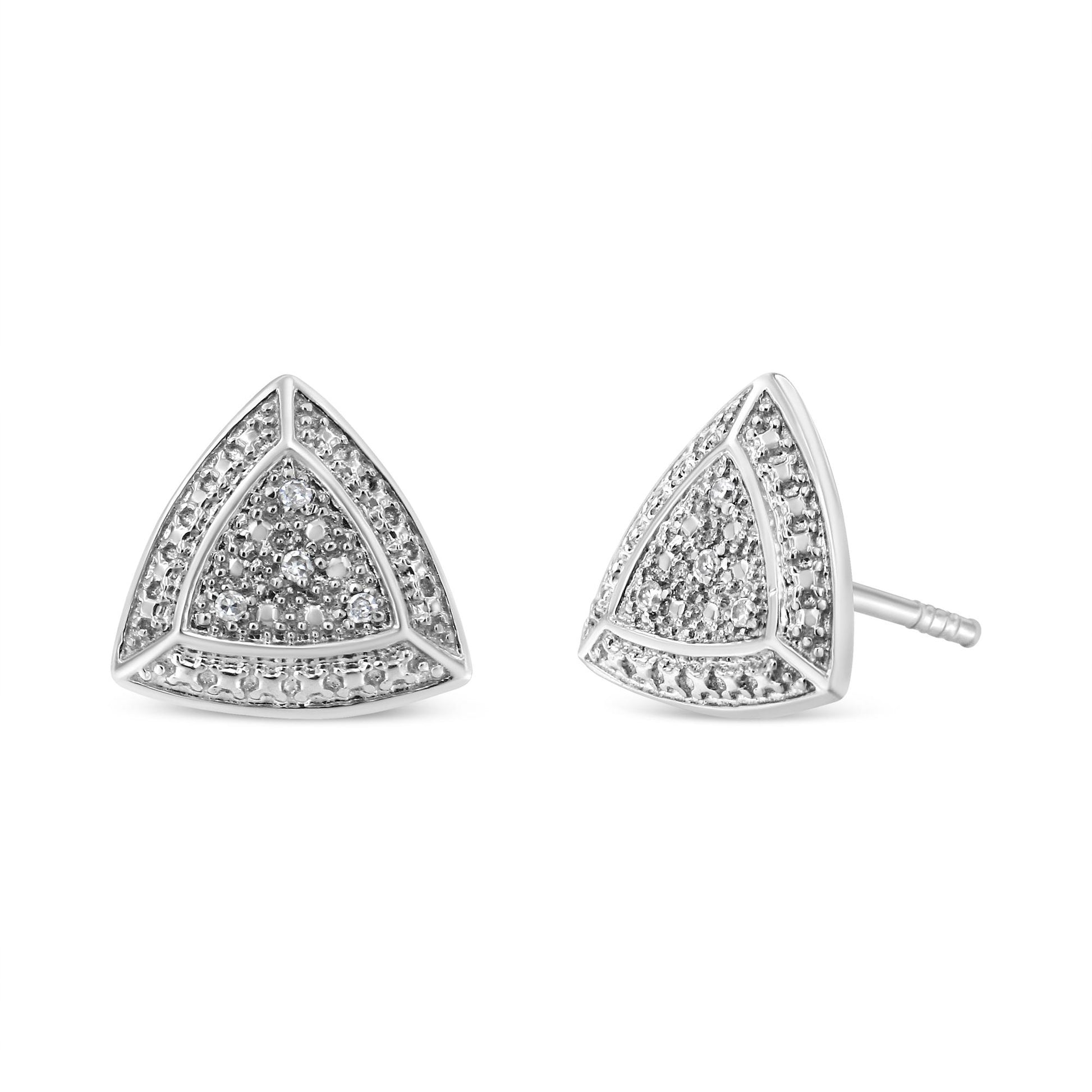 Front and side angled view of a pair of white triangular earrings with pave set round white gemstones.