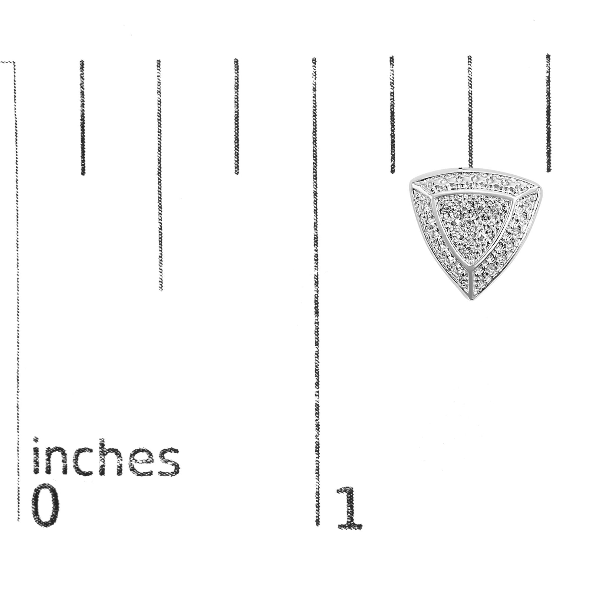 Close-up of a white triangular-shaped earring with round white gemstones in pave setting, shown on a ruler for size reference.