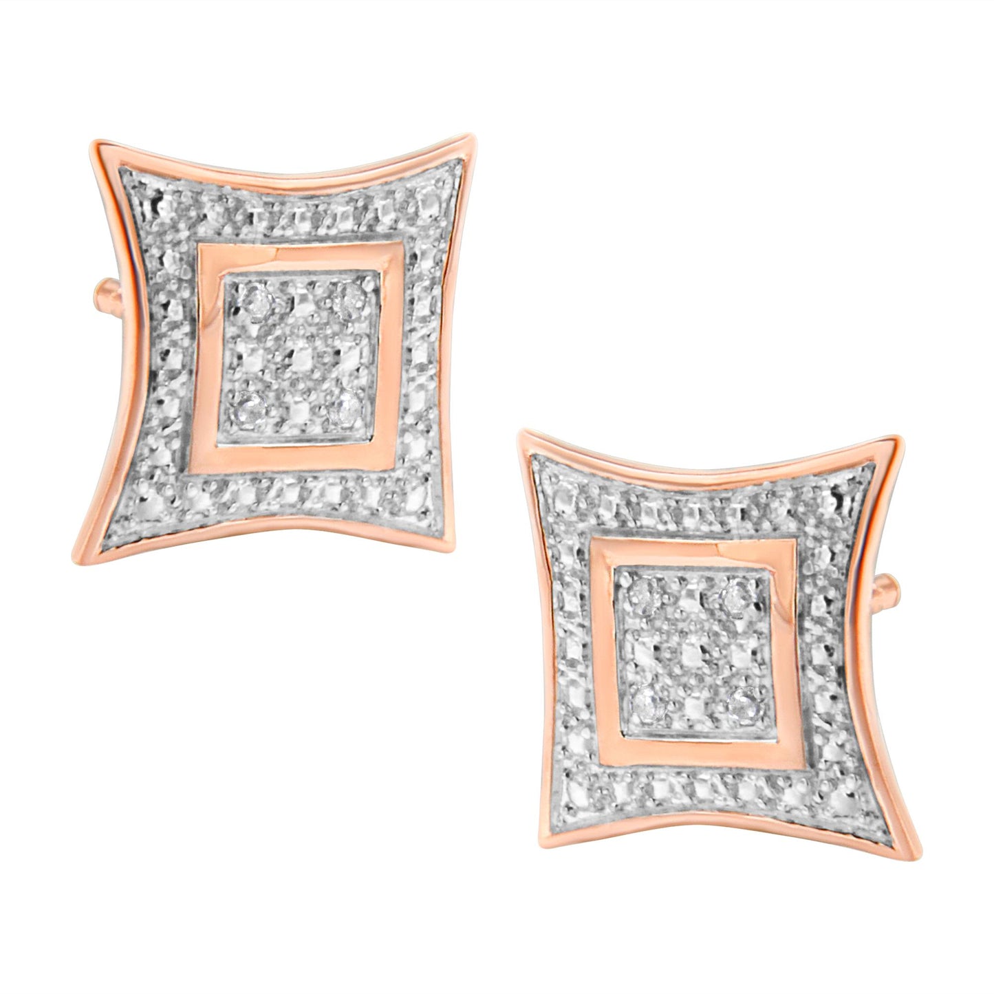 Pair of rose-colored metal square-shaped earrings with white round pave-set gemstones, shown from a front angled view.
