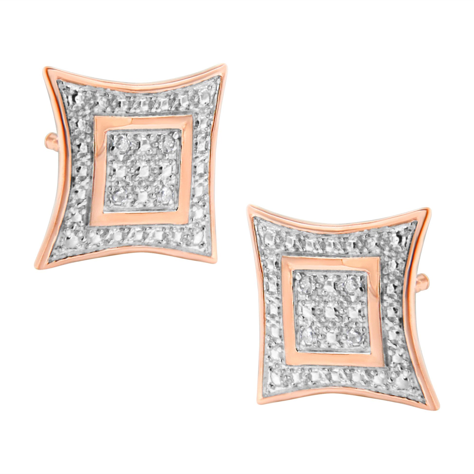 Pair of rose-colored metal square-shaped earrings with white round pave-set gemstones, shown from a front angled view.