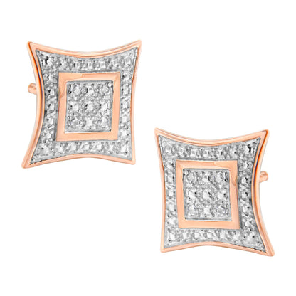 Pair of rose-colored metal square-shaped earrings with white round pave-set gemstones, shown from a front angled view.