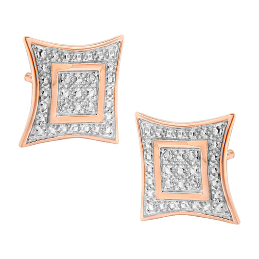 Pair of rose-colored metal square-shaped earrings with white round pave-set gemstones, shown from a front angled view.