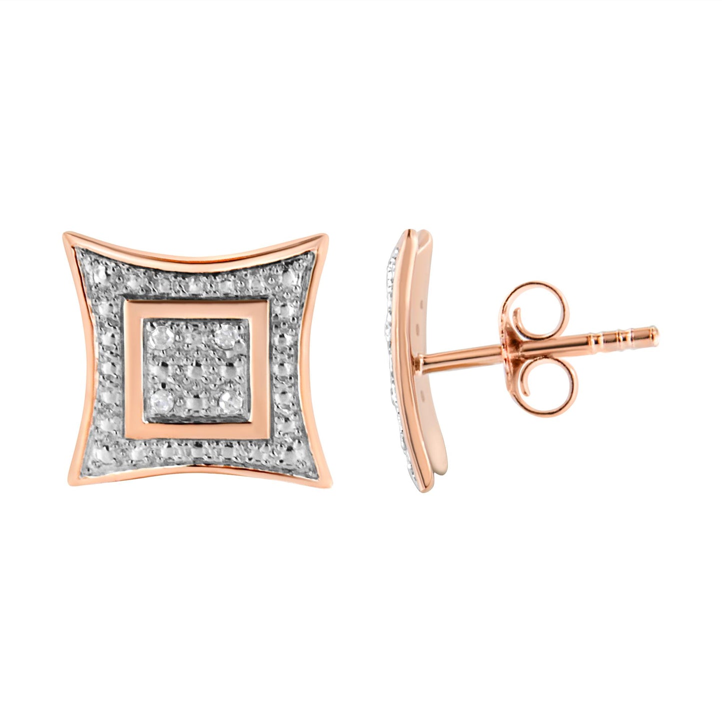 Pair of rose metal square-shaped earrings with white gemstones in pave setting, shown from front and side angles.