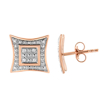 Pair of rose metal square-shaped earrings with white gemstones in pave setting, shown from front and side angles.