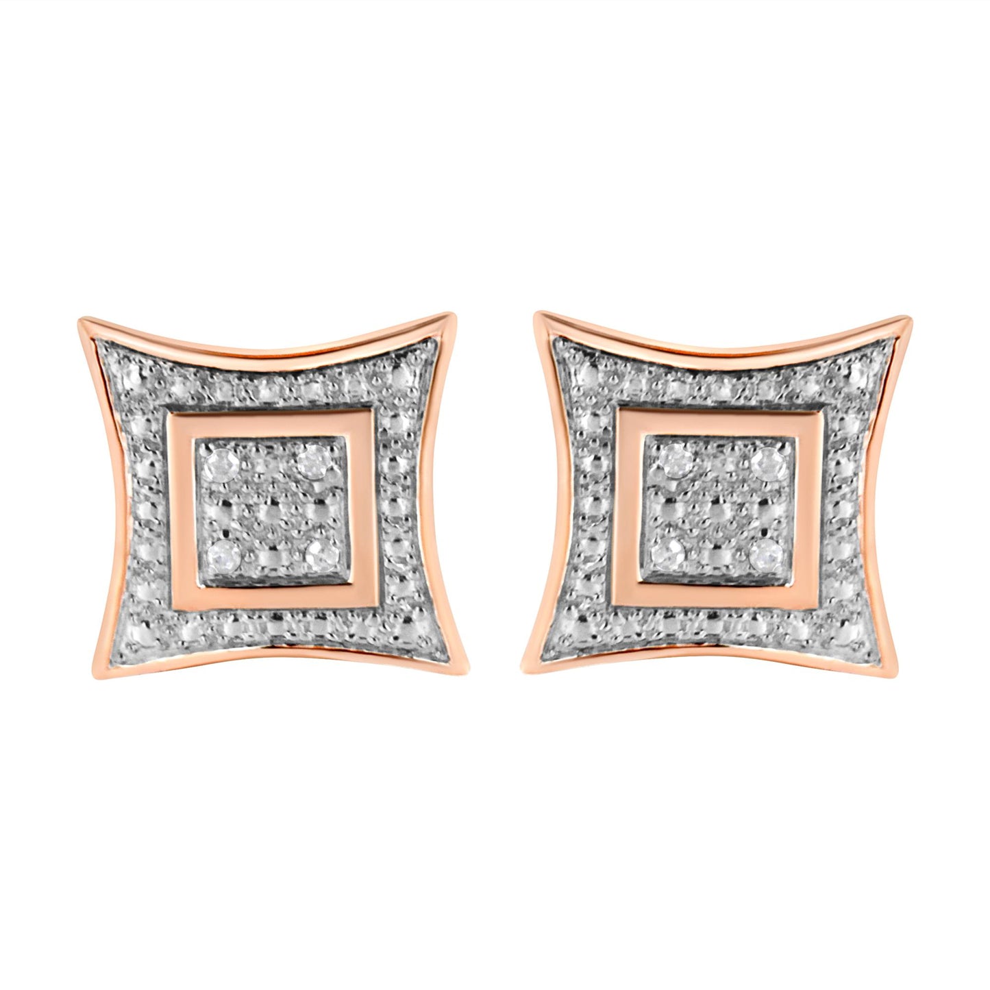 Pair of rose-colored metal square-shaped earrings with rounded corners, featuring white gemstones in pave setting, shown in a front-facing view.