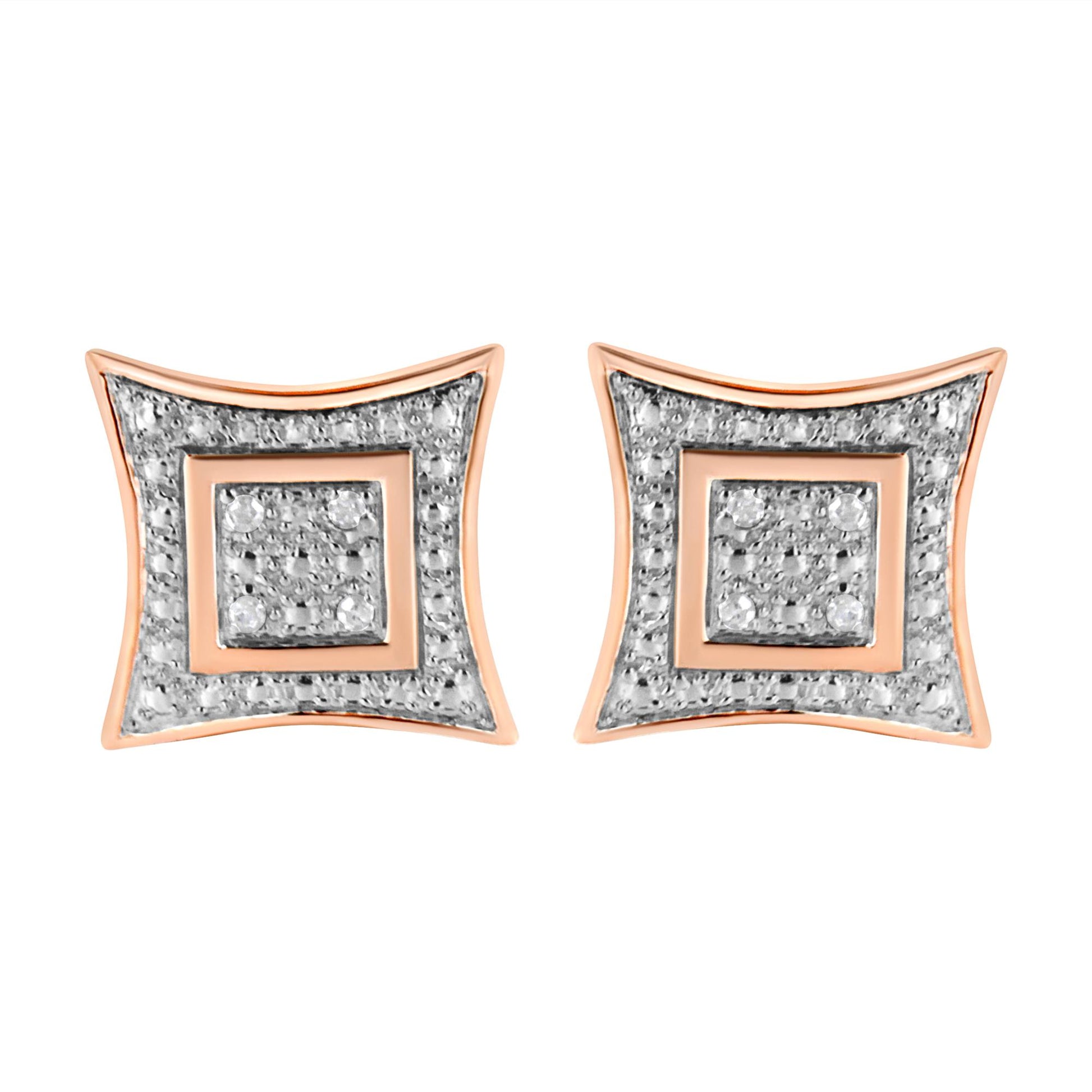 Pair of rose-colored metal square-shaped earrings with rounded corners, featuring white gemstones in pave setting, shown in a front-facing view.
