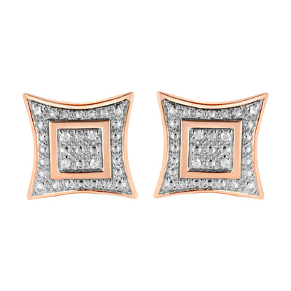 Pair of rose-colored metal square-shaped earrings with rounded corners, featuring white gemstones in pave setting, shown in a front-facing view.