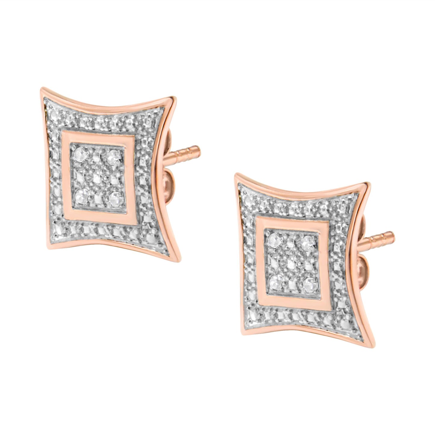 Pair of rose metal earrings with square-shaped design, featuring round white gemstones in pave setting, shown at an angled top-front view.