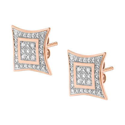 Pair of rose metal earrings with square-shaped design, featuring round white gemstones in pave setting, shown at an angled top-front view.