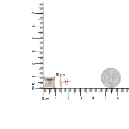 Close-up front and side view of rose metal square-shaped earrings with white round pave gemstones, placed on a ruler and next to a coin for size reference.