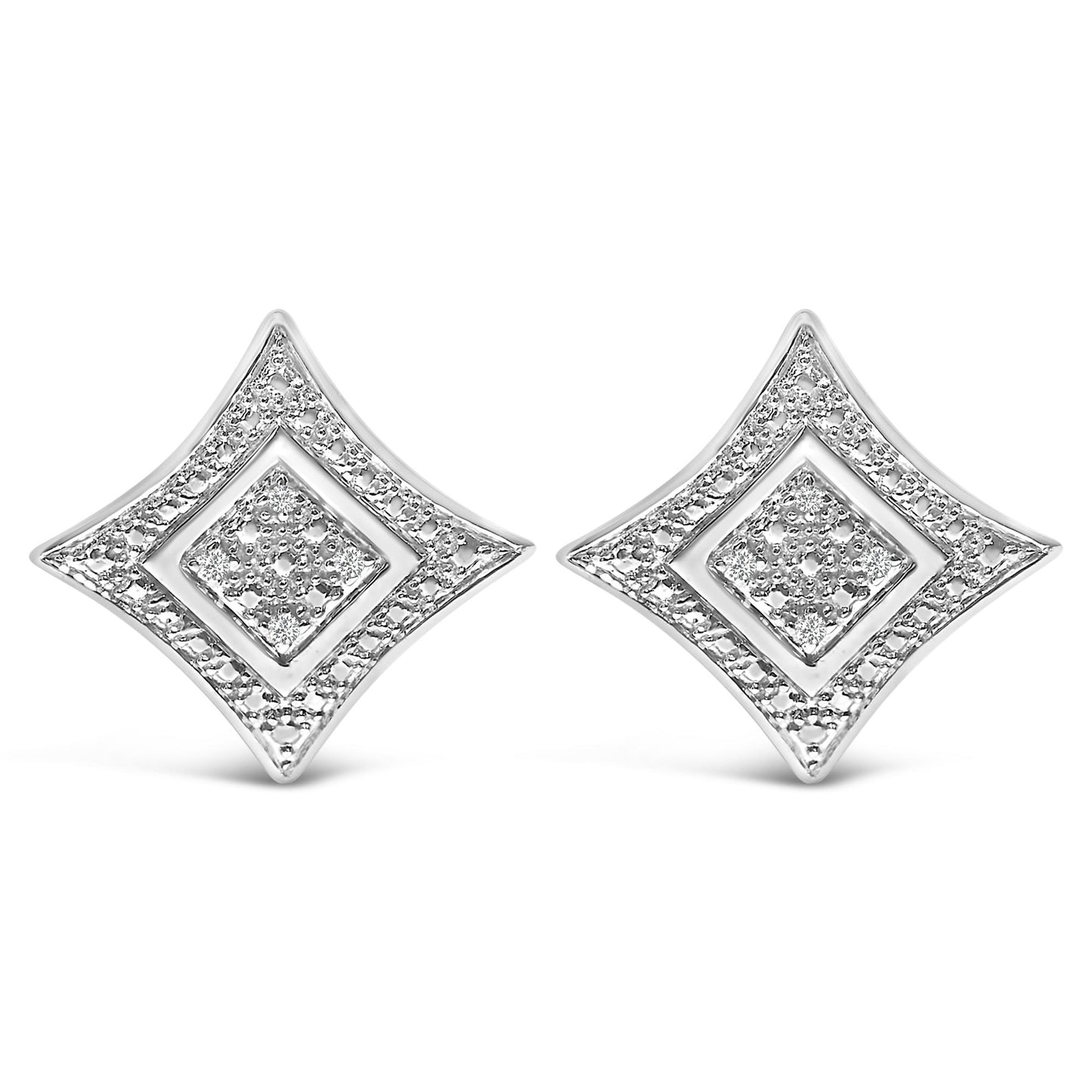 Pair of white metal earrings with diamond-shaped design, featuring round white gemstones in pave setting, shown from front angle.