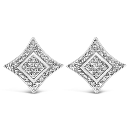 Pair of white metal earrings with diamond-shaped design, featuring round white gemstones in pave setting, shown from front angle.