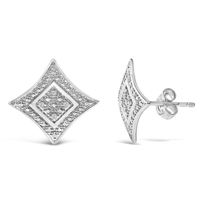 Pair of white metal earrings with a diamond-shaped design featuring pave-set round white gemstones, shown from front and side angles.