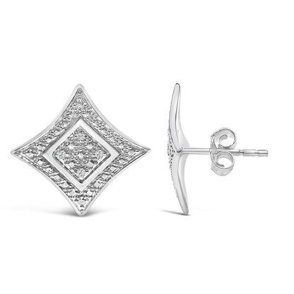 Front and side views of a white metal diamond-shaped stud earring with pave set round white gemstones.
