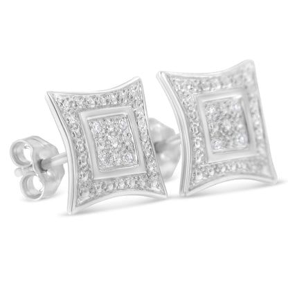 Close-up angled shot of a pair of white metal square-shaped earrings with curved edges, featuring pave-set round white gemstones.