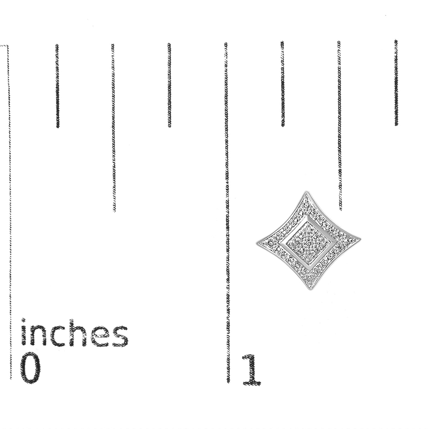 Close-up of white metal kite-shaped earring with round white gemstones in pave setting, shown on a ruler for size reference.