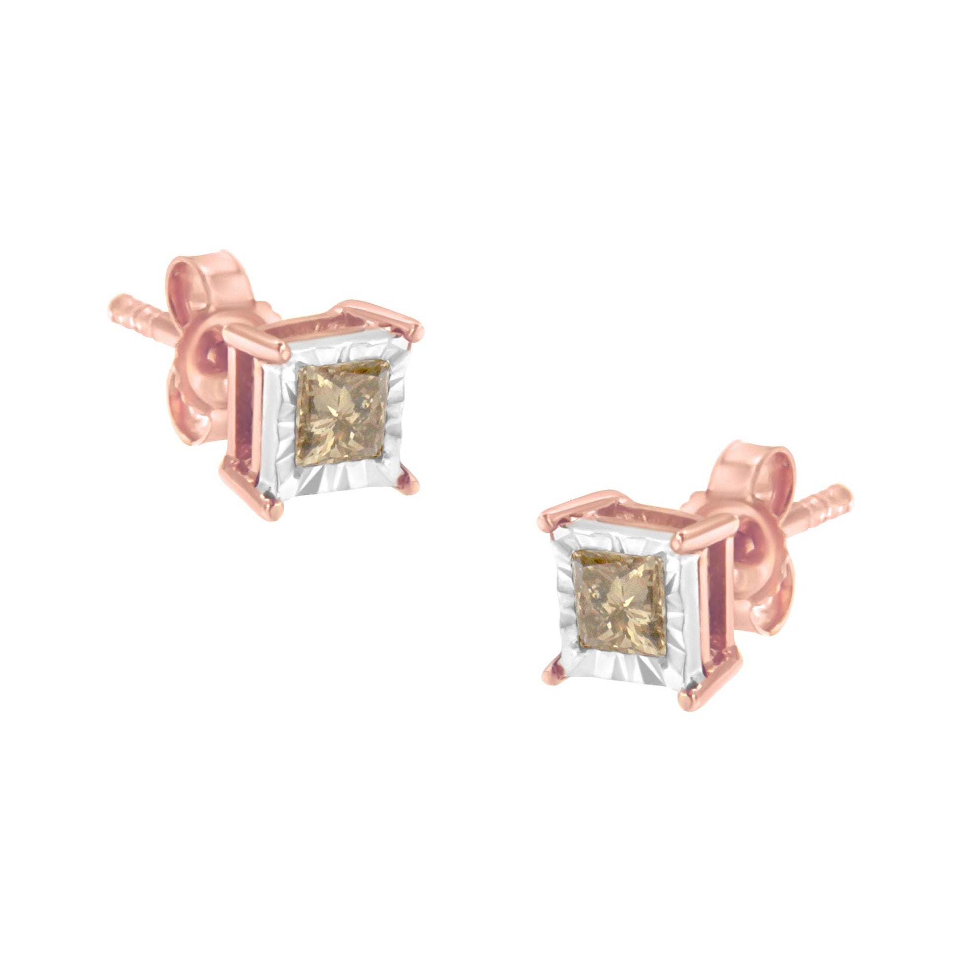 Pair of stud earrings with rose and white metal, featuring princess-shaped brownish gemstones in a miracle setting, shown in close-up angle.