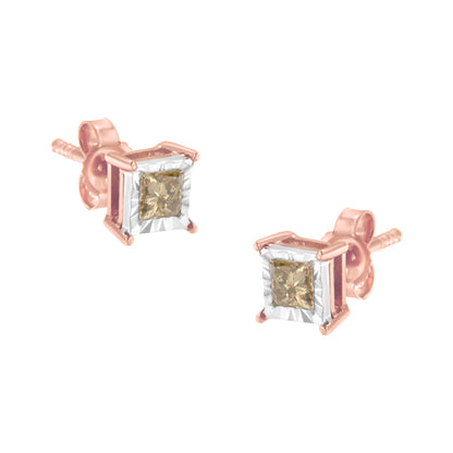 Pair of stud earrings with rose and white metal, featuring princess-shaped brownish gemstones in a miracle setting, shown in close-up angle.