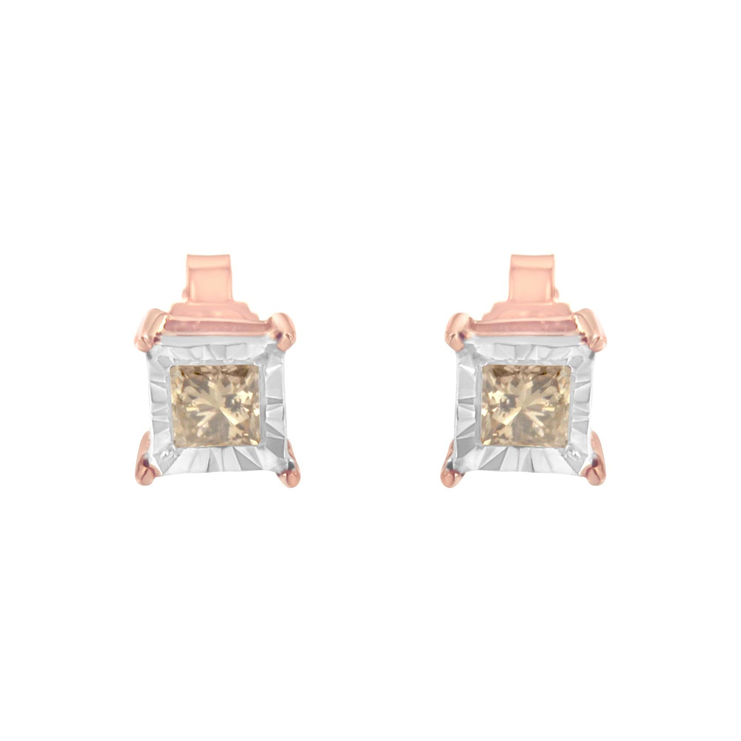 Front view of white and rose metal earrings featuring square white frames and brownish princess-shaped gemstones in a miracle setting.
