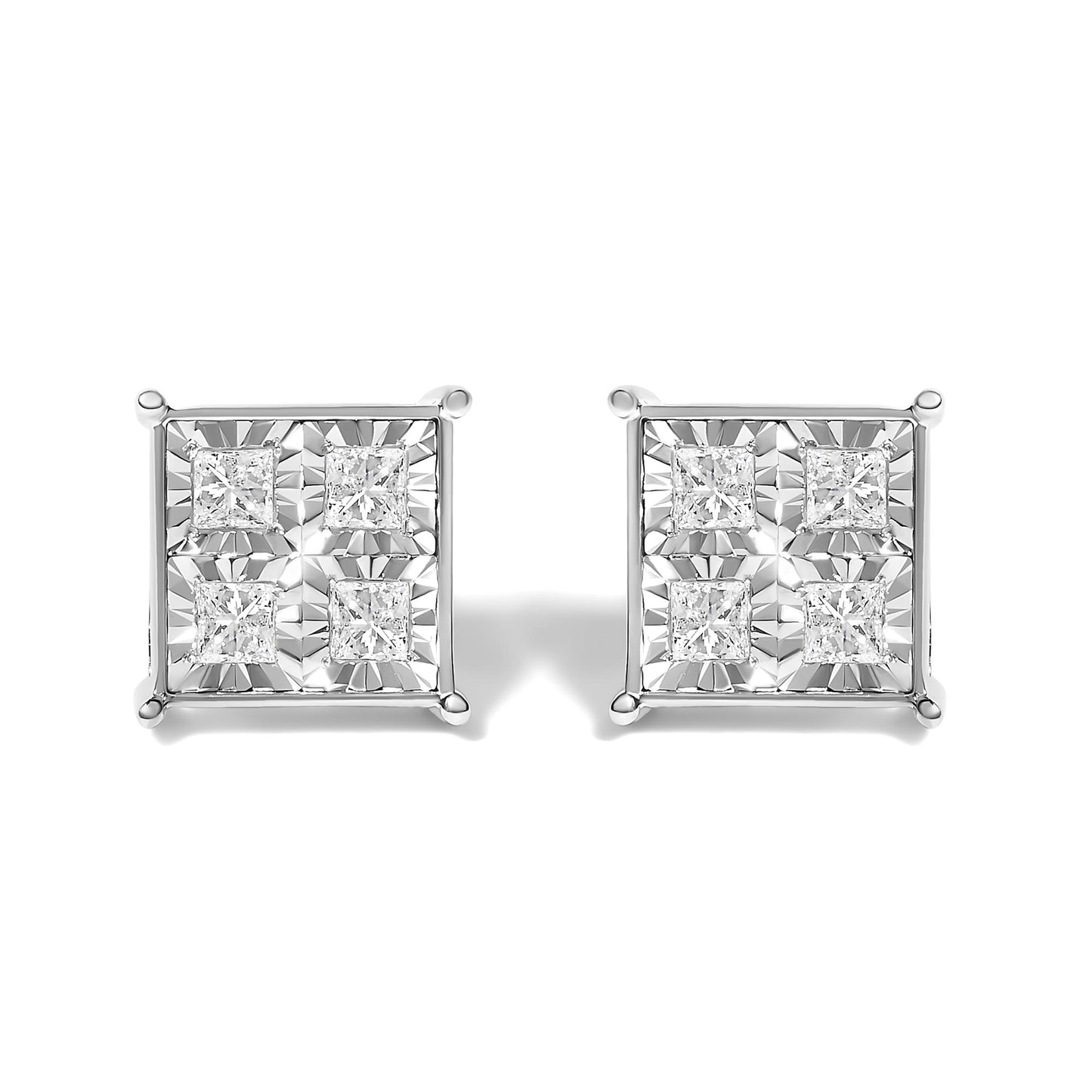 Front-facing shot of a pair of square white metal stud earrings with four princess-shaped white gemstones set invisibly in each earring.
