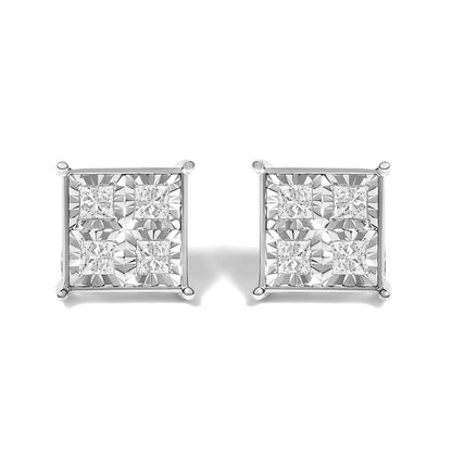 Front-facing shot of a pair of square white metal stud earrings with four princess-shaped white gemstones set invisibly in each earring.