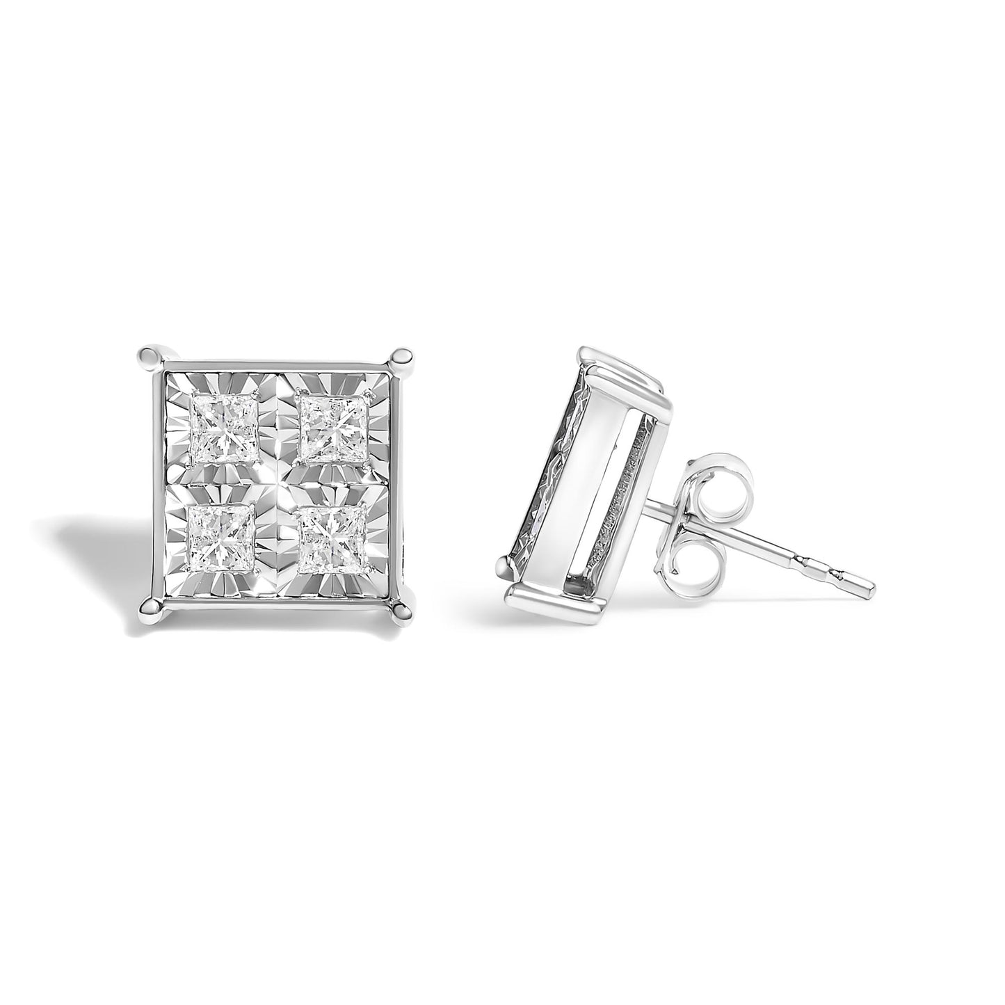 Pair of white metal square stud earrings with four princess-shaped white gemstones in an invisible setting, front and side views at a slight angle.