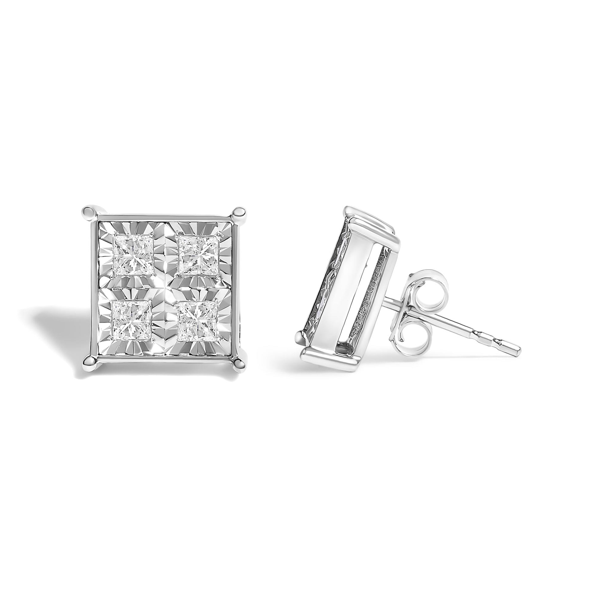 Pair of white metal square stud earrings with four princess-shaped white gemstones in an invisible setting, front and side views at a slight angle.