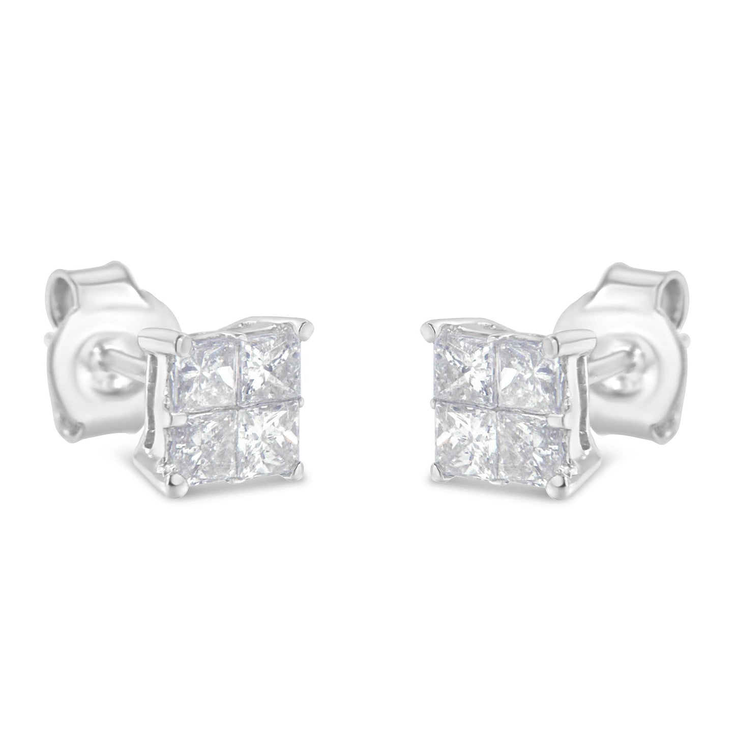 Front-facing close-up of white metal stud earrings featuring clusters of square-shaped white gemstones in an invisible setting.