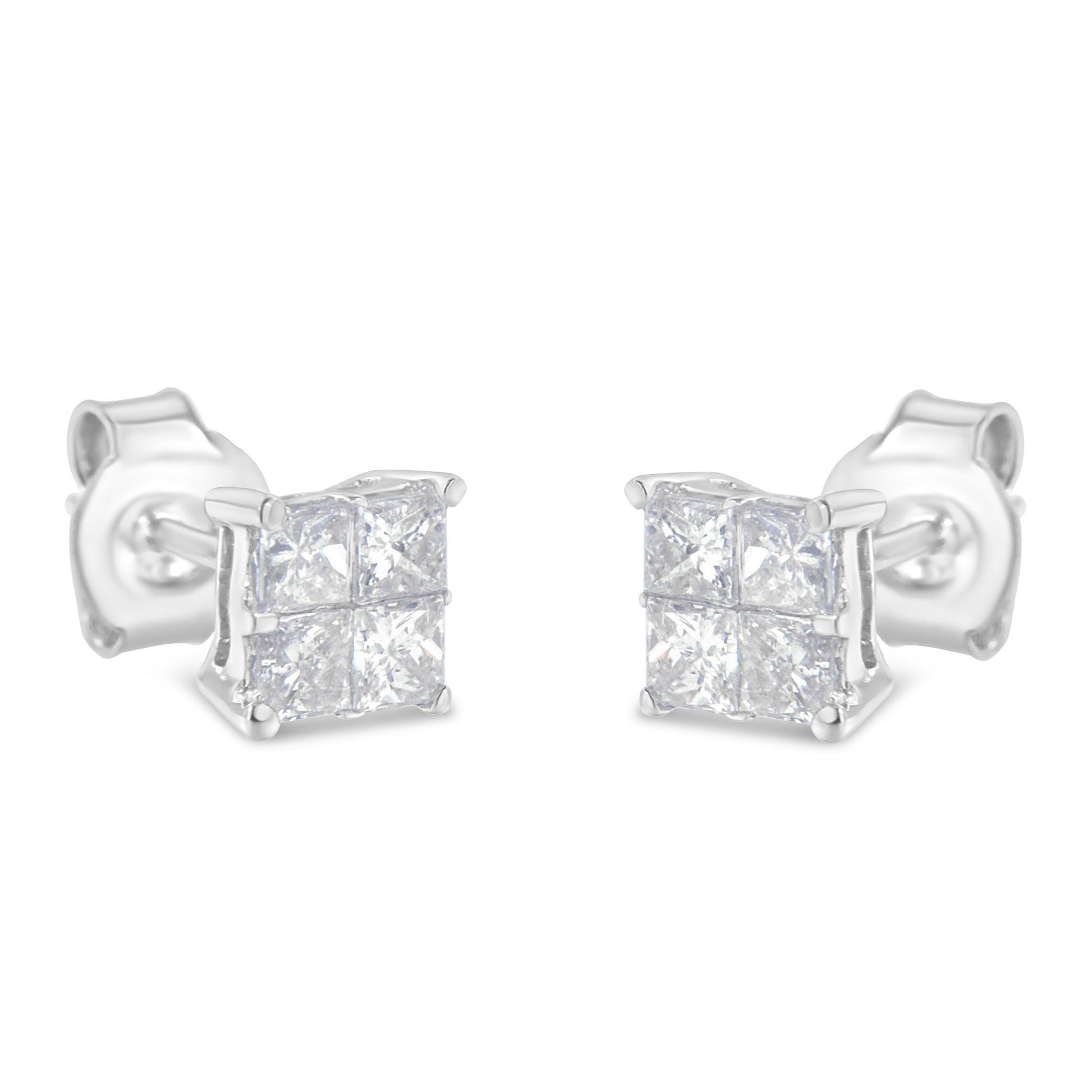 Front-facing close-up of white metal stud earrings featuring clusters of square-shaped white gemstones in an invisible setting.