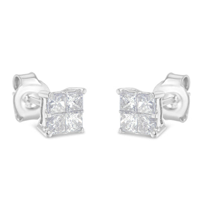 Front-facing close-up of white metal stud earrings featuring clusters of square-shaped white gemstones in an invisible setting.