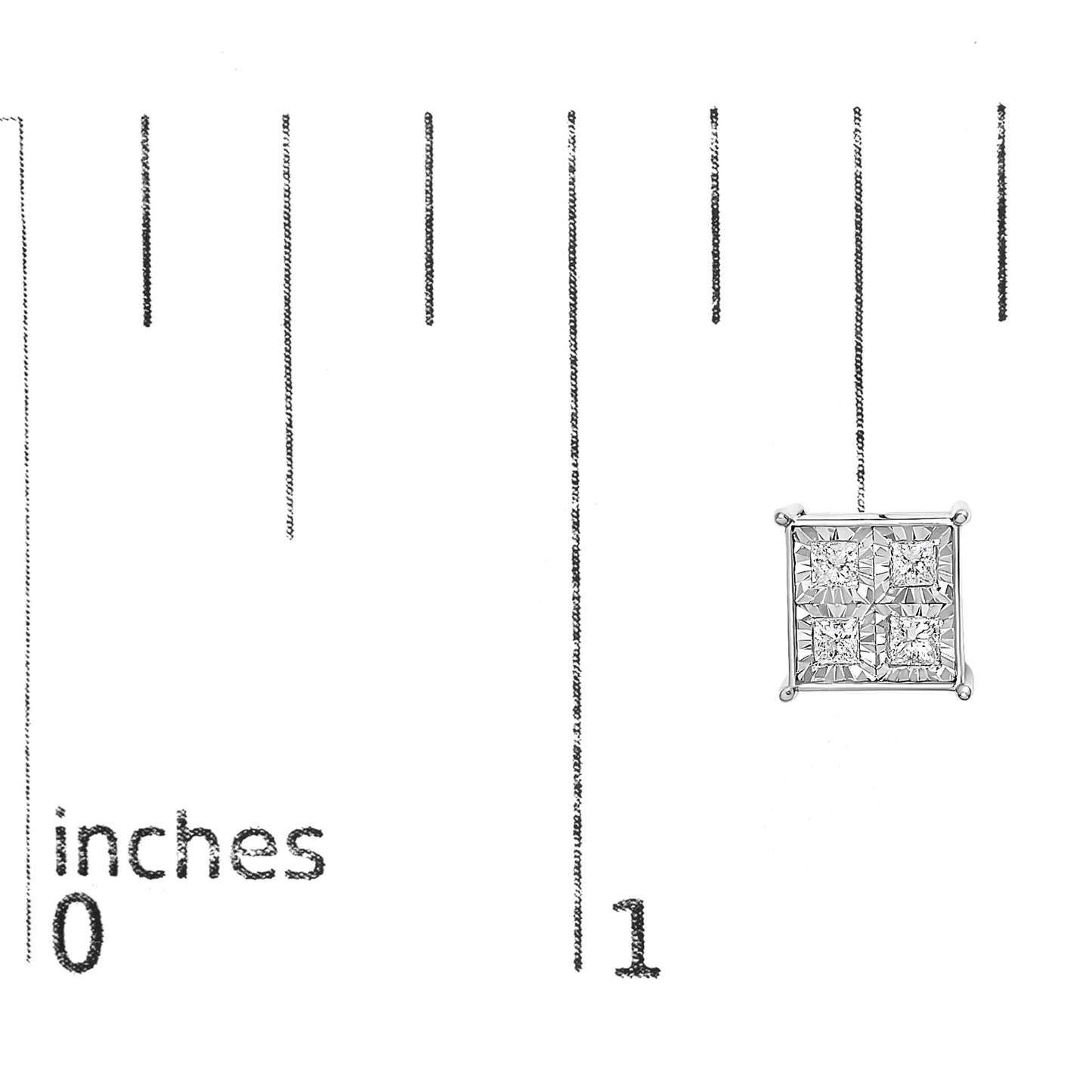 Close-up front view of square white metal stud earring with four princess shape white gemstones in invisible setting, placed on a ruler for size reference.