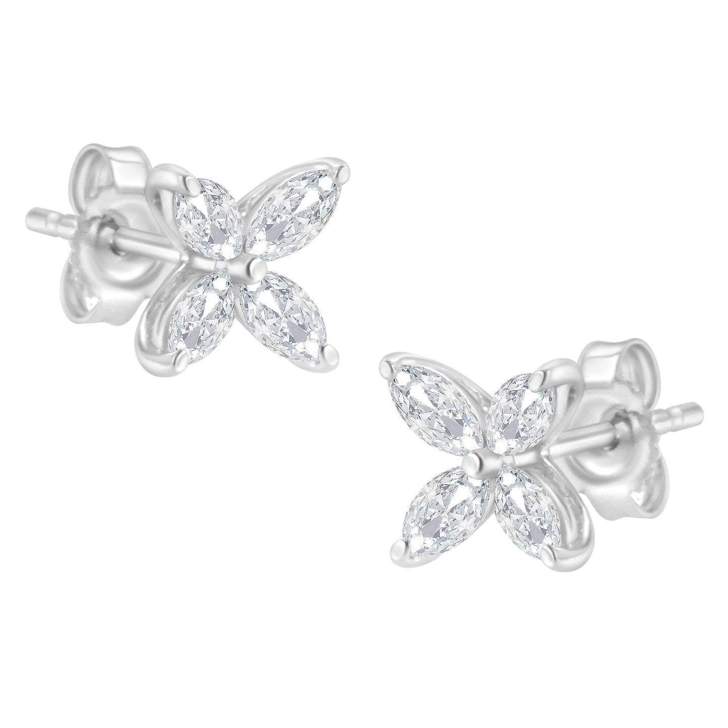 Close-up view of white metal stud earrings with four marquise-shaped white gemstones arranged in a flower pattern, shown from a slightly angled perspective.