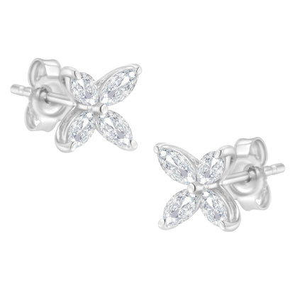 Close-up view of white metal stud earrings with four marquise-shaped white gemstones arranged in a flower pattern, shown from a slightly angled perspective.