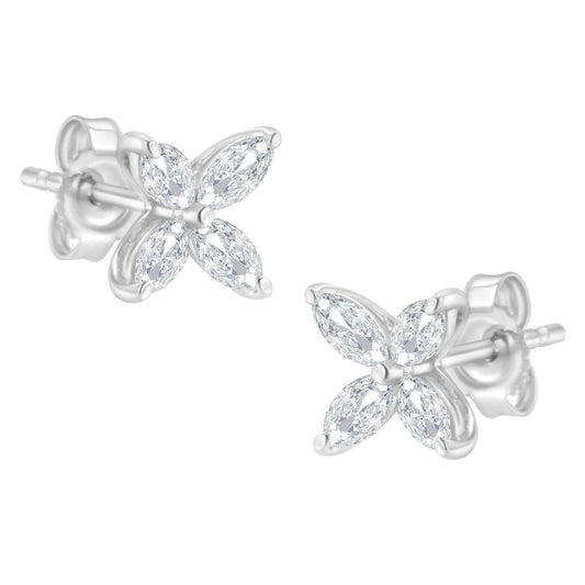 Close-up view of white metal stud earrings with four marquise-shaped white gemstones arranged in a flower pattern, shown from a slightly angled perspective.