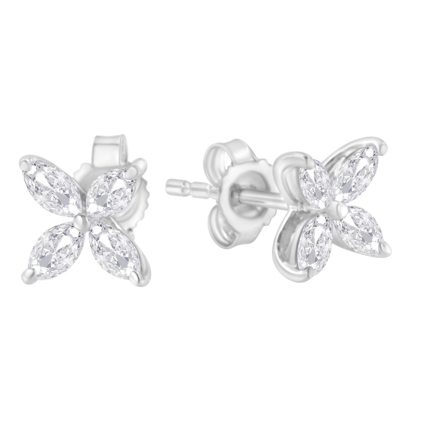 Pair of white metal stud earrings with four marquise-shaped white gemstones each, arranged in a flower shape, shown from front and side angles on a white background.