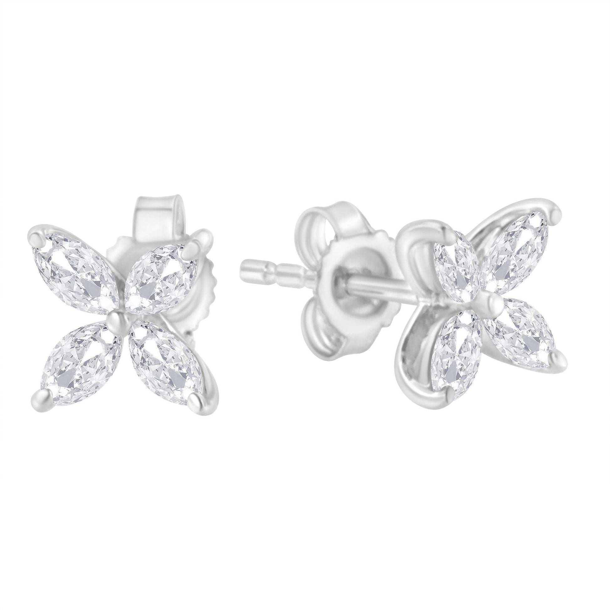 Pair of white metal stud earrings with four marquise-shaped white gemstones each, arranged in a flower shape, shown from front and side angles on a white background.
