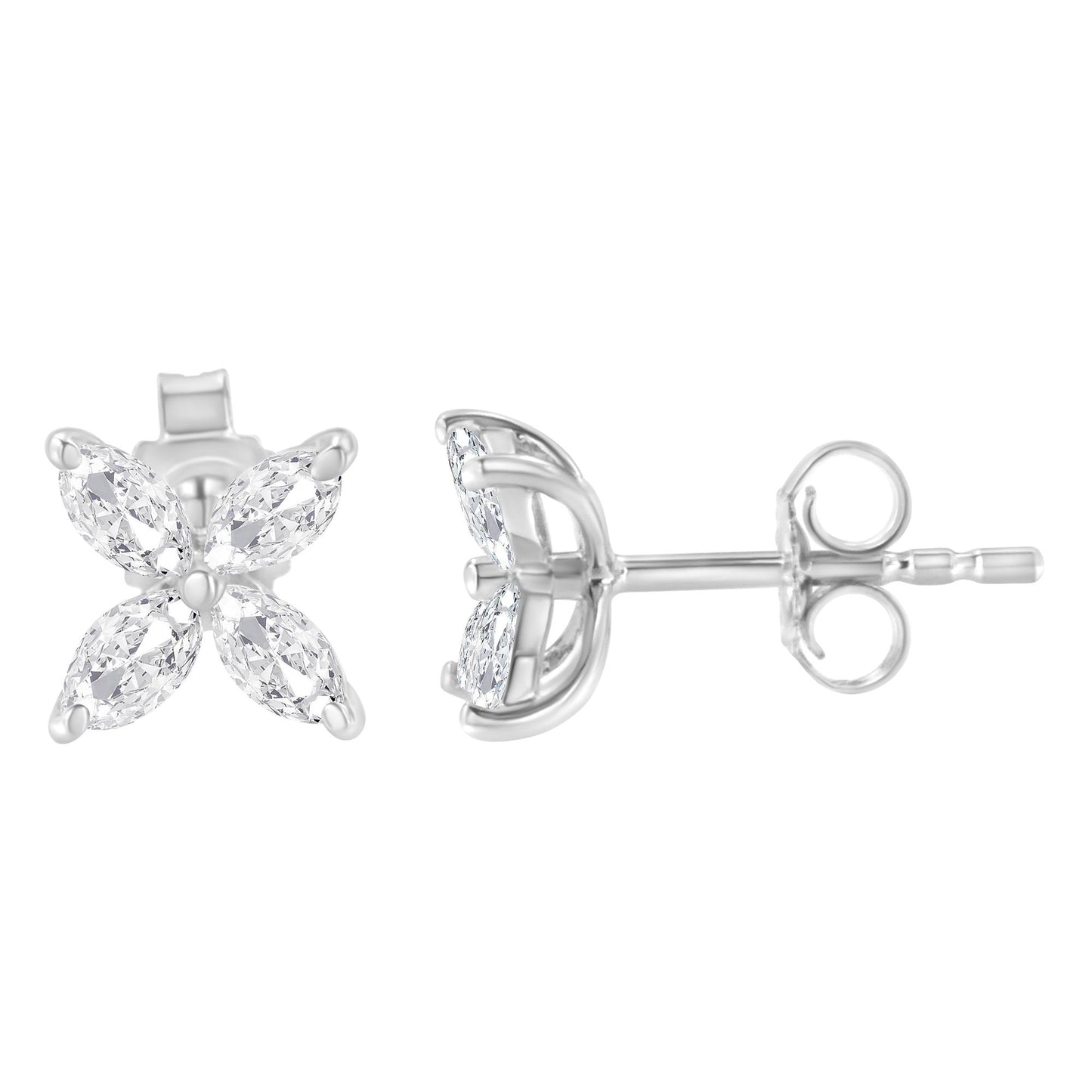 Front and side angled view of white metal stud earrings with four marquise-shaped white gemstones in prong settings.