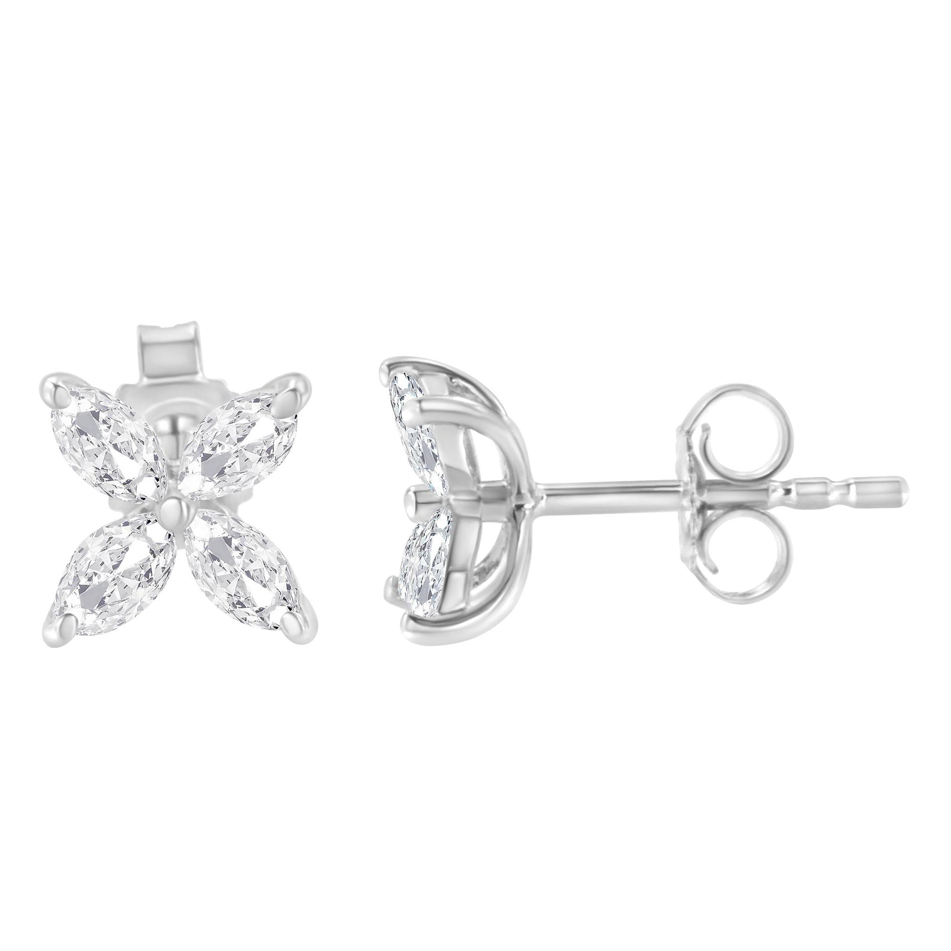 Front and side angled view of white metal stud earrings with four marquise-shaped white gemstones in prong settings.