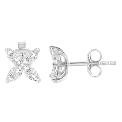 Front and side angled view of white metal stud earrings with four marquise-shaped white gemstones in prong settings.