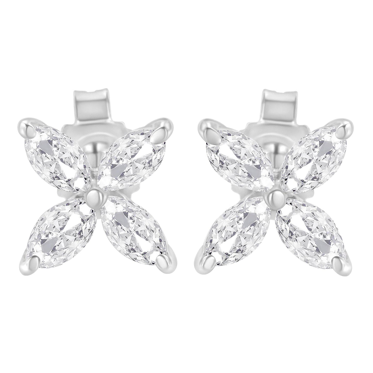 Close-up front view of a pair of white metal earrings, each featuring four marquise-shaped white gemstones arranged in a floral pattern with prong settings.