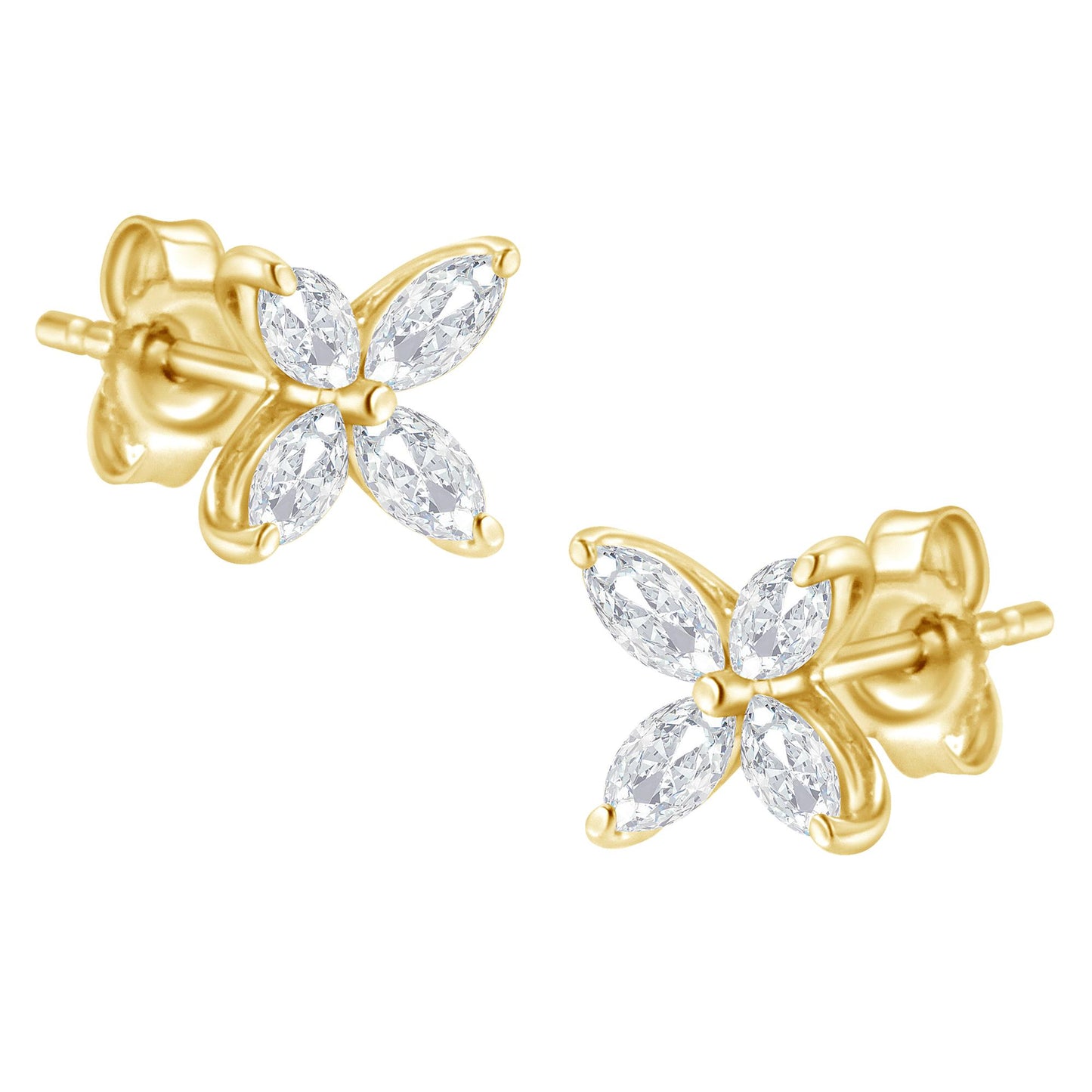 Close-up front angle of yellow metal stud earrings with four marquise-shaped white gemstones arranged like a flower, showing the prong settings and posts.
