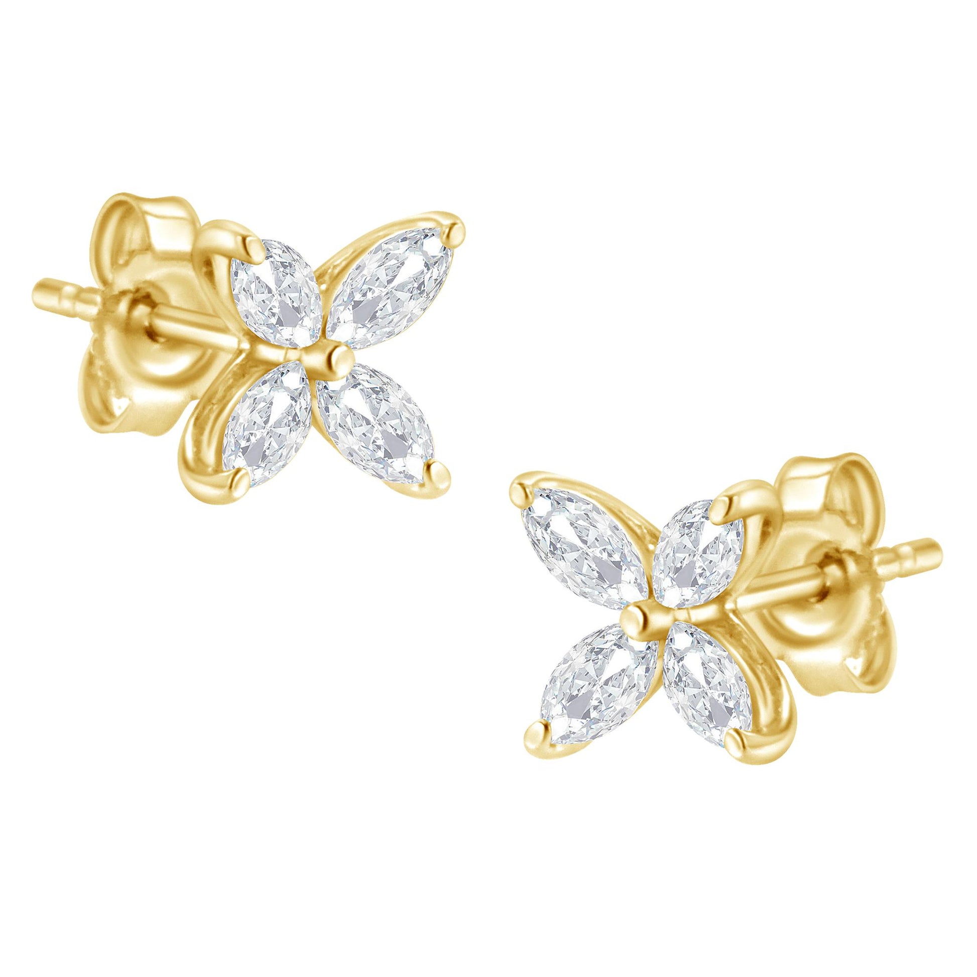 Close-up front angle of yellow metal stud earrings with four marquise-shaped white gemstones arranged like a flower, showing the prong settings and posts.