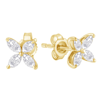 Close-up front and side view of yellow metal stud earrings with four marquise-shaped white gemstones in prong settings arranged like a flower.