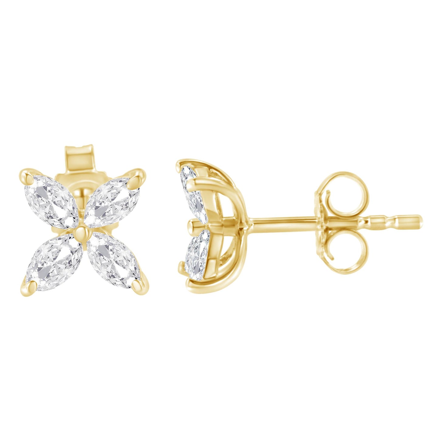Close-up front and side view of yellow metal stud earrings featuring four marquise-shaped white gemstones arranged in a floral pattern.