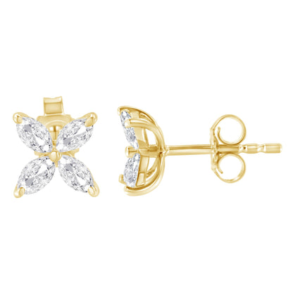Close-up front and side view of yellow metal stud earrings featuring four marquise-shaped white gemstones arranged in a floral pattern.