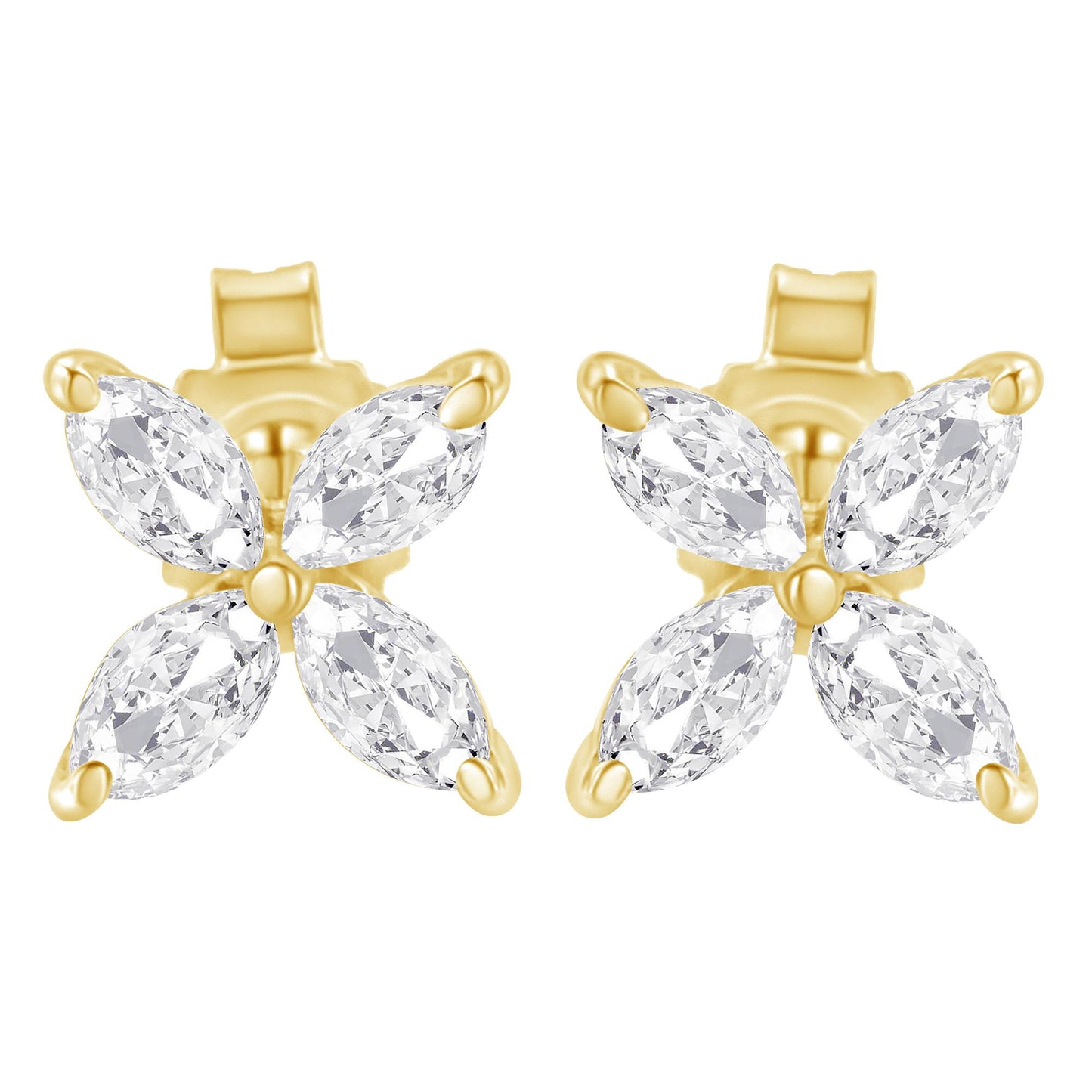 Front view of yellow metal earrings each featuring four marquise-shaped white gemstones in a prong setting arranged in a cross pattern.