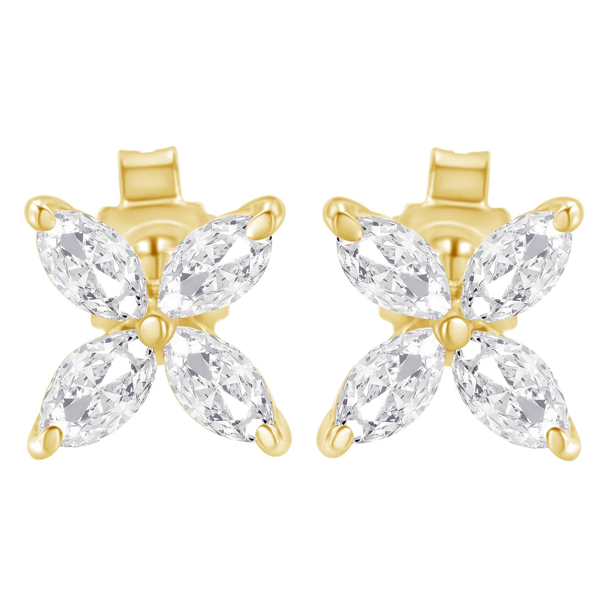 Front view of yellow metal earrings each featuring four marquise-shaped white gemstones in a prong setting arranged in a cross pattern.