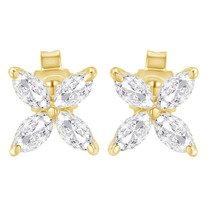 Front view of yellow metal earrings each featuring four marquise-shaped white gemstones in a prong setting arranged in a cross pattern.